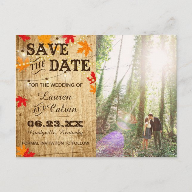 Hochzeit im Herbst Save the Date für eine rustikal Ankündigungspostkarte (Vorderseite)
