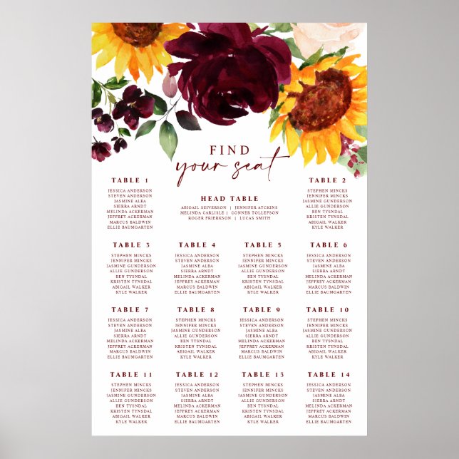 Hochzeit im Herbst Sitzkarte Sonnenblumen Rose Sch Poster (Vorne)