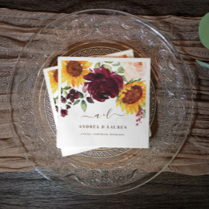 Hochzeit im Herbst Sonnenblumen Rose Burgund Wein Serviette
