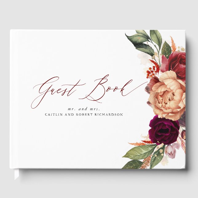 Hochzeit im Herbst von Burgund Rot und Orange Gästebuch (Vorderseite)