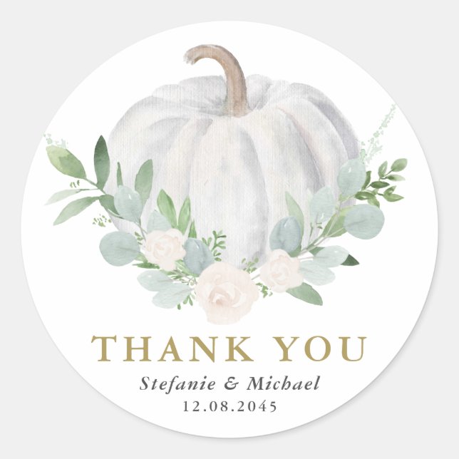 Hochzeit im Herbst Watercolor White Pumpkin Danke Runder Aufkleber (Vorderseite)