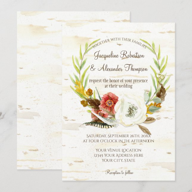 Hochzeit im Herbst Wreath Boho Feather Birch Bark  Einladung (Vorne/Hinten)