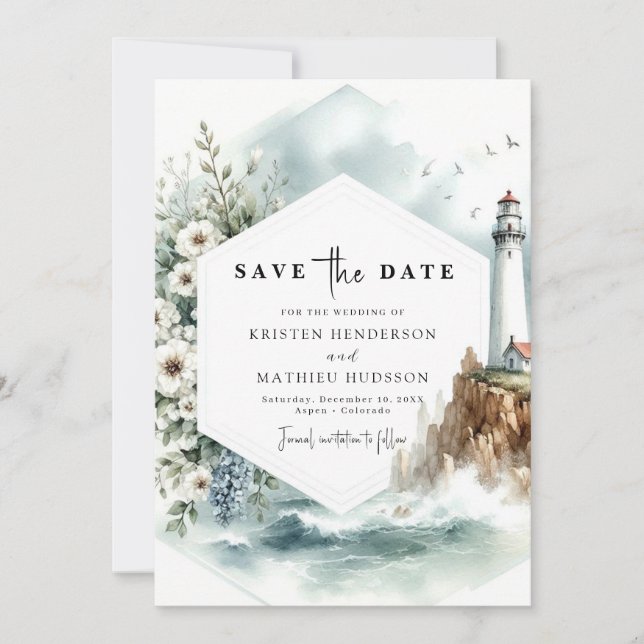 Hochzeit im Leuchtturm mit digitalem Chic Waves Save The Date (Vorderseite)