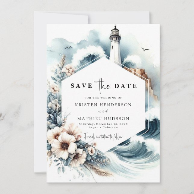 Hochzeit im Leuchtturm von eleganten Ozeanwellen Save The Date (Vorderseite)