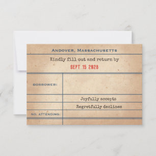 Hochzeit im Stil einer alten Bibliotheksentnahmeka RSVP Karte