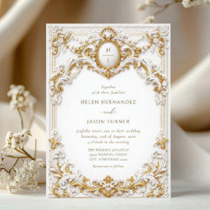 Hochzeit im viktorianischen Gold- und Weiß-Barockr Einladung