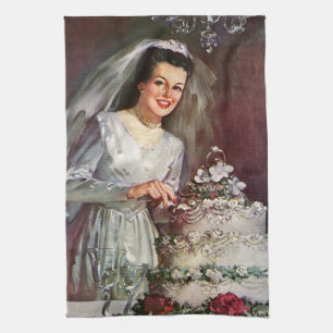 Hochzeit im Vintage-Stil, Braut schneidet die Hoch Geschirrtuch