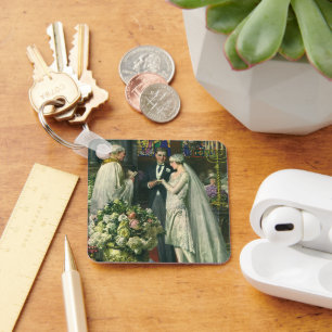 Hochzeit im Vintage-Stil, Braut und Bräutigam mit  Schlüsselanhänger