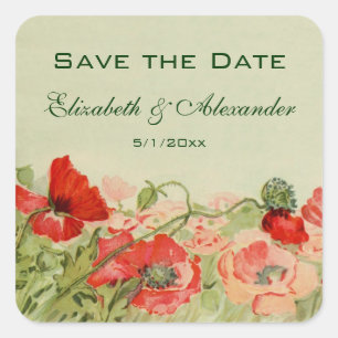 Hochzeit im Vintage-Stil, rote Mohnblumen Save-the Quadratischer Aufkleber