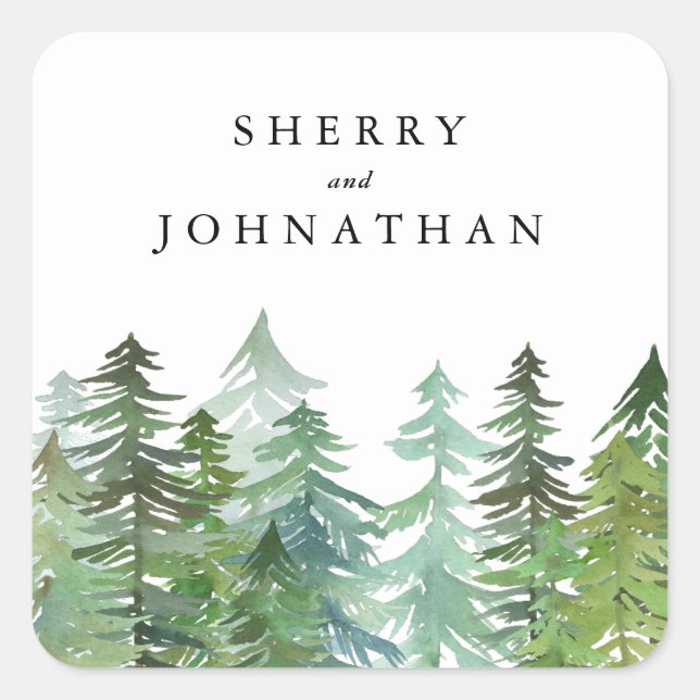 Hochzeit im Wasserfarbenwald Quadratischer Aufkleber (Vorderseite)