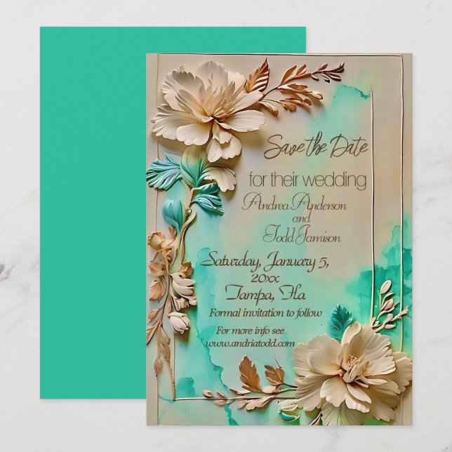 Hochzeit in aquamariner und beige Blume Save The Date (Vorne/Hinten)