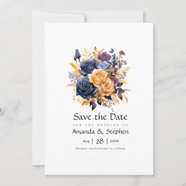 Hochzeit in Blau, Lila, Gold und Schwarz Save The Date (Vorderseite)