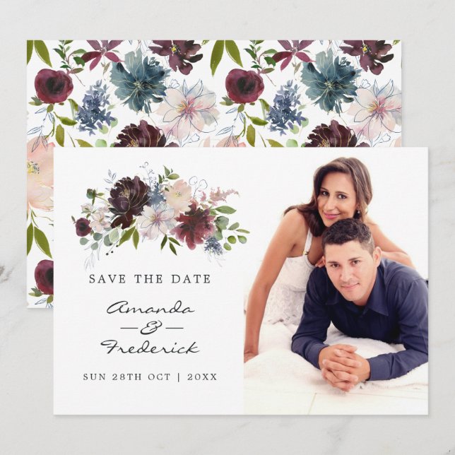 Hochzeit in Burgund, Navy und Blush Pink Save The Date (Vorne/Hinten)