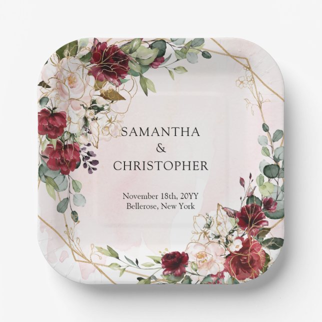 Hochzeit in goldener Farbe und Bordeaux Pappteller (Vorderseite)