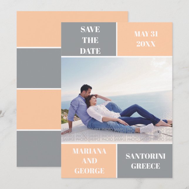 Hochzeit in Grautönen und Pfirsichfarben Save The Date (Vorne/Hinten)