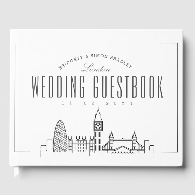 Hochzeit in London | Moderner Deko Skyline Gästebuch (Vorderseite)