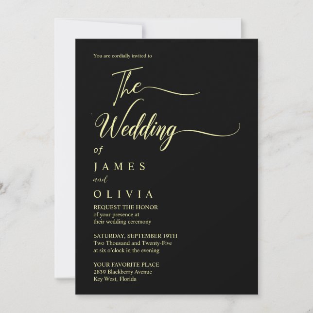 Hochzeit in Luxury Black and Gold Calligraphy Einladung (Vorderseite)