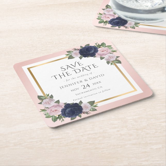 Hochzeit in Navy Blue und Blush Pink speichern das Rechteckiger Pappuntersetzer (angewinkelt)