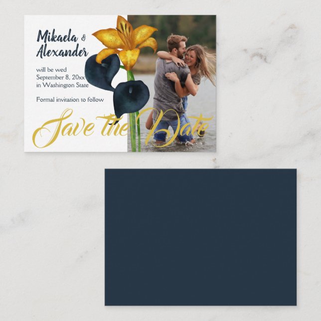 Hochzeit in Navy und Gold Rett-the-Date Hinweiskarte (Vorne/Hinten)