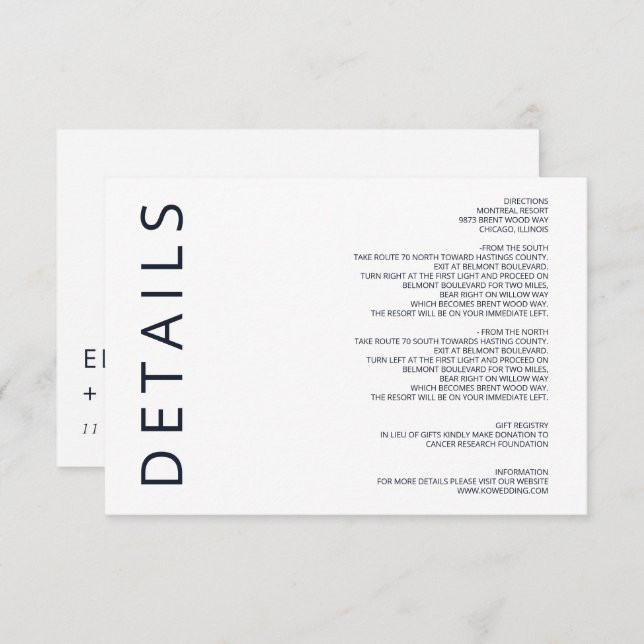 Hochzeit in Navy und White Elegante Moderne Minima Begleitkarte (Vorne/Hinten)