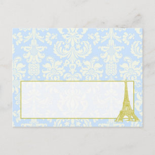 Hochzeit in Paris Blau Damast beschreibbare Platzk Postkarte