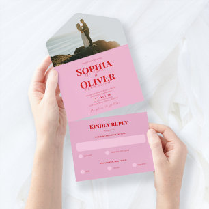 Hochzeit in Rosa und Rot Foto All In One Einladung