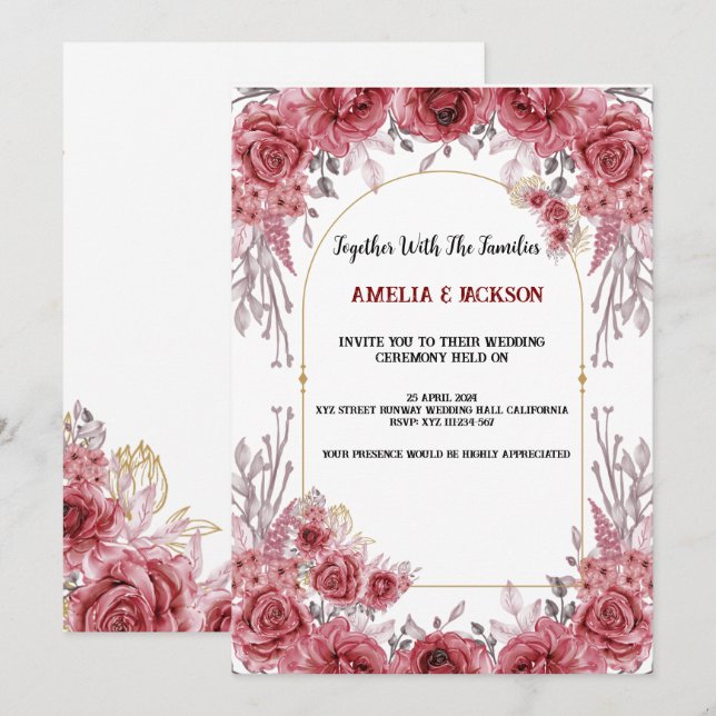 Hochzeit in Rot-Weiß-Aquarell Einladung (Vorne/Hinten)