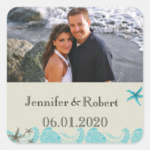 Hochzeit in Sand und Aqua Quadratischer Aufkleber