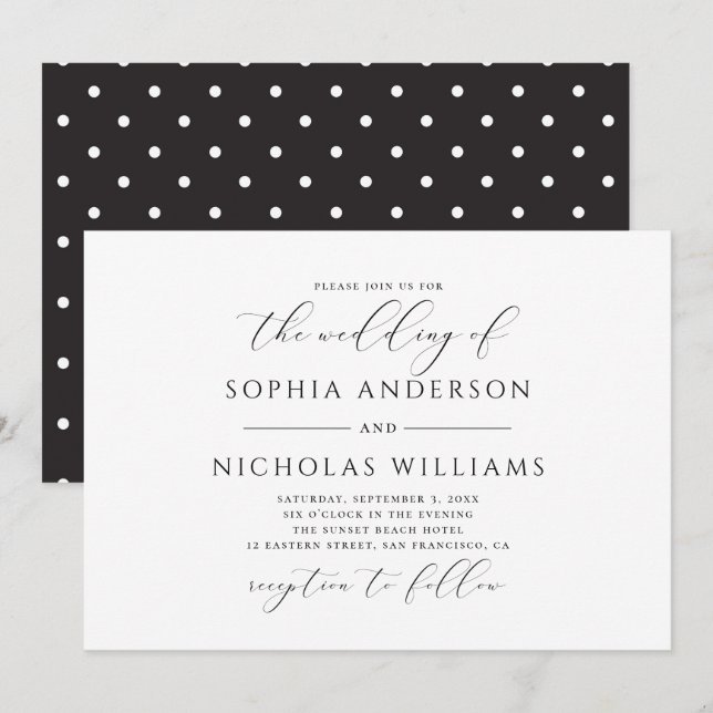 Hochzeit in Schwarz-Weiß-Kalligrafie. Polka dots Einladung (Vorne/Hinten)