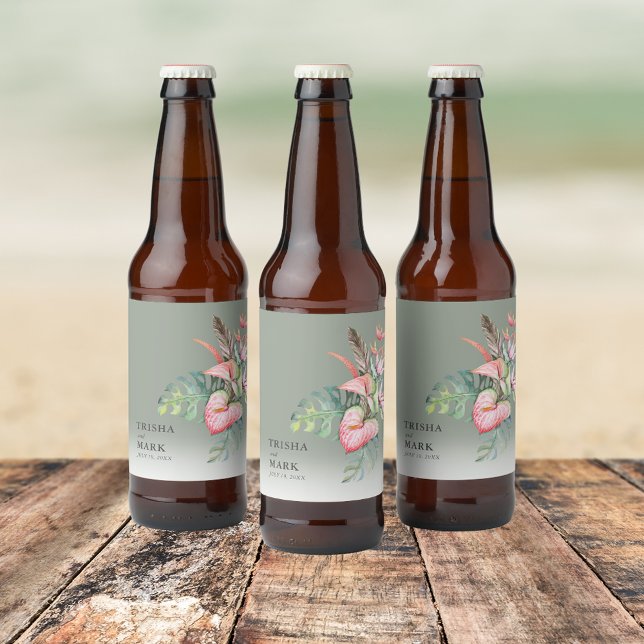 Hochzeit in tropischer Blume Bierflaschenetikett (Tropical Flower Beach Wedding Beer Bottle Label)