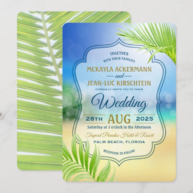 Hochzeit in Urlaubsort Beach Tropical Palm Tree Le Einladung (Vorne/Hinten)