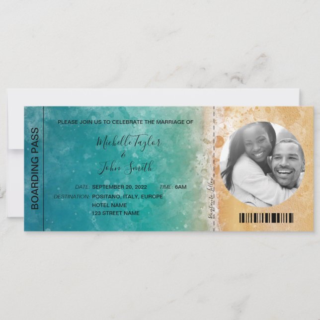 Hochzeit in Urlaubsort Boarding Pass Beach Ocean Einladung (Vorderseite)