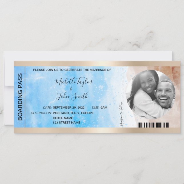 Hochzeit in Urlaubsort Boarding Pass Beach Ocean I Einladung (Vorderseite)