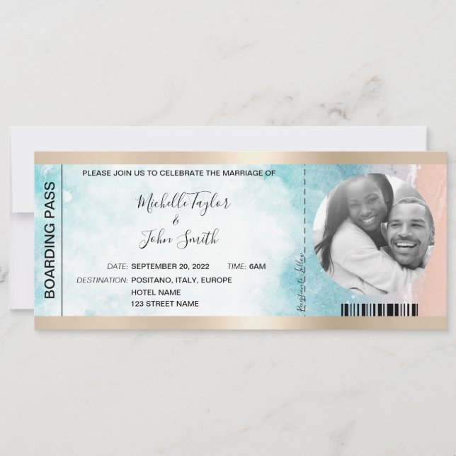 Hochzeit in Urlaubsort Boarding Pass Beach Ocean I Einladung (Vorderseite)