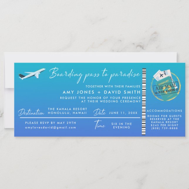 Hochzeit in Urlaubsort Boarding Pass Einladung (Vorderseite)
