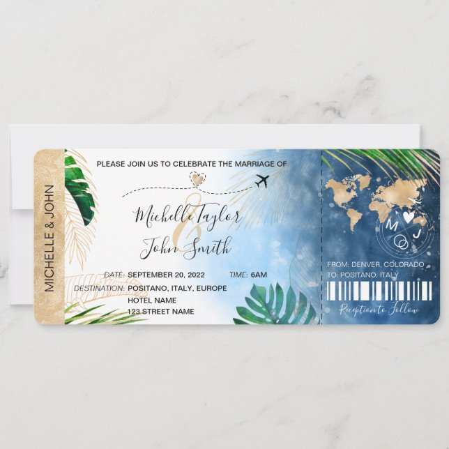 Hochzeit in Urlaubsort Boarding Pass Flugzeug Beac Einladung (Vorderseite)