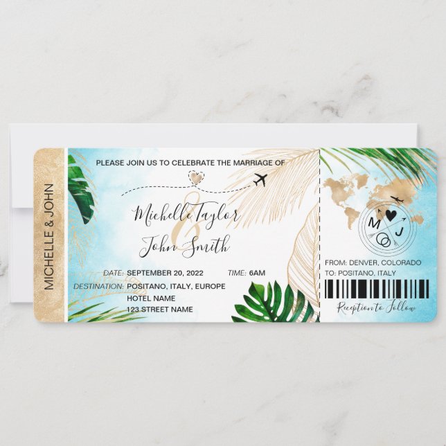 Hochzeit in Urlaubsort Boarding Pass Flugzeug Beac Einladung (Vorderseite)