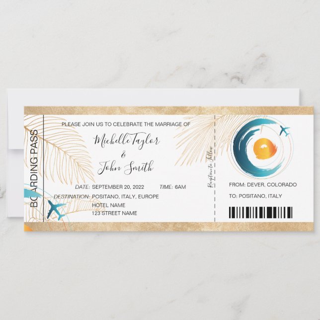Hochzeit in Urlaubsort Boarding Pass Flugzeug Icon Einladung (Vorderseite)