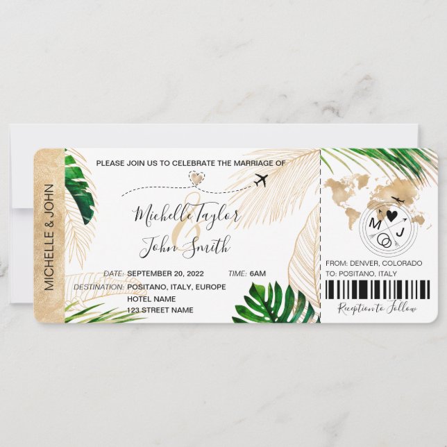 Hochzeit in Urlaubsort Boarding Pass Flugzeug Trop Einladung (Vorderseite)
