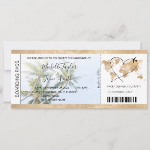 Hochzeit in Urlaubsort Boarding Pass Herzstück Flu Einladung