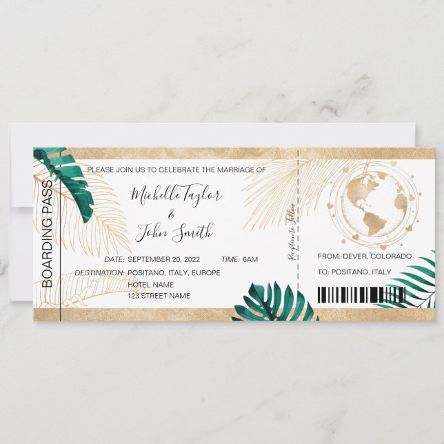 Hochzeit in Urlaubsort Boarding Pass - Nostalgie Einladung (Vorderseite)