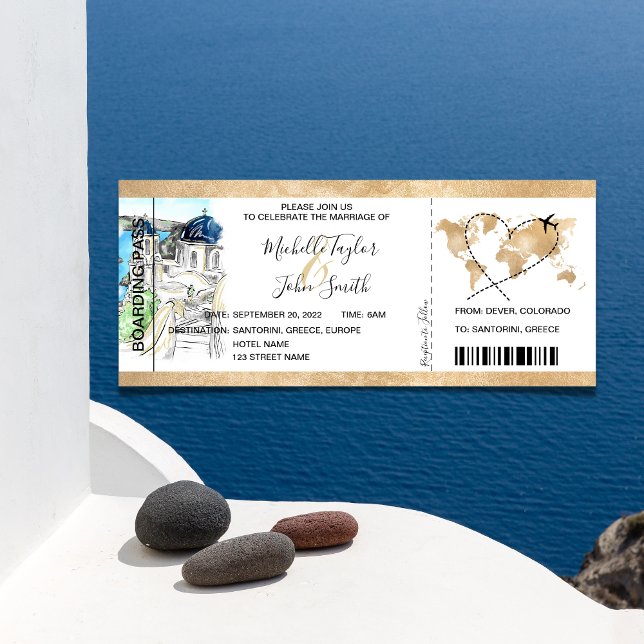 Hochzeit in Urlaubsort Boarding Pass Santorini Gri Einladung (Von Creator hochgeladen)