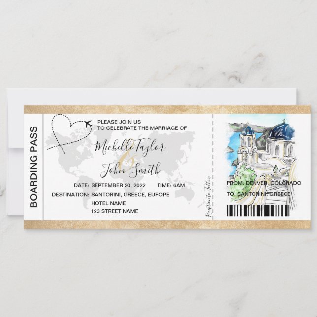 Hochzeit in Urlaubsort Boarding Pass Santorini Gri Einladung (Vorderseite)