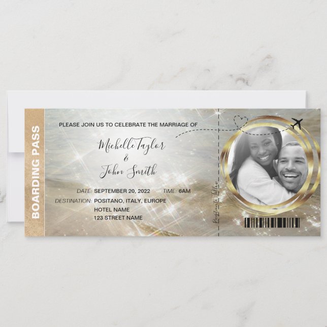 Hochzeit in Urlaubsort Boarding Pass Tropical Beac Einladung (Vorderseite)