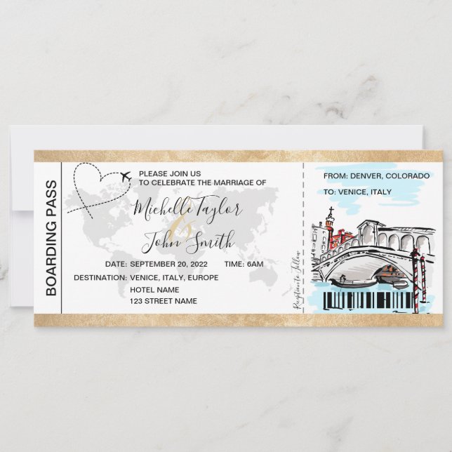 Hochzeit in Urlaubsort Boarding Pass Venedig Itali Einladung (Vorderseite)