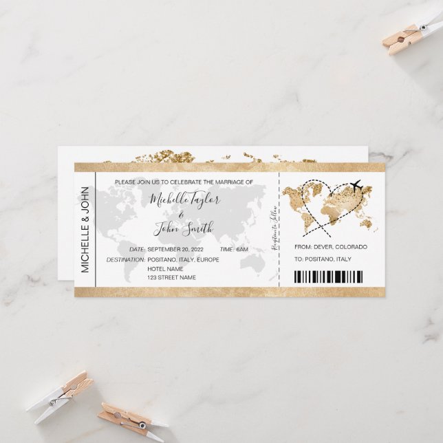 Hochzeit in Urlaubsort Boarding Ticket Gold Plan Einladung (Vorderseite/Rückseite Beispiel)