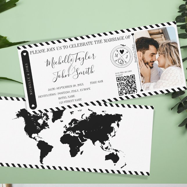 Hochzeit in Urlaubsort Boarding Ticket QR Code Einladung (modern black and white world map boarding pass invitation)