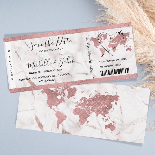 Hochzeit in Urlaubsort Boarding Ticket Rose Gold Einladung (Von Creator hochgeladen)