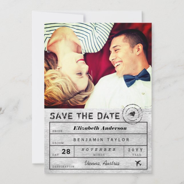 Hochzeit in Urlaubsort Chic Silver Gepäckanhänger  Save The Date (Vorderseite)