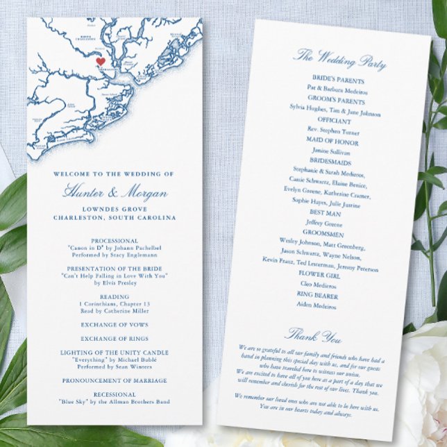 Hochzeit in Urlaubsort der Marine Charleston South Programm (Charleston SC Map Wedding Program for an elegant navy blue destination wedding. Coastal Map Designs)